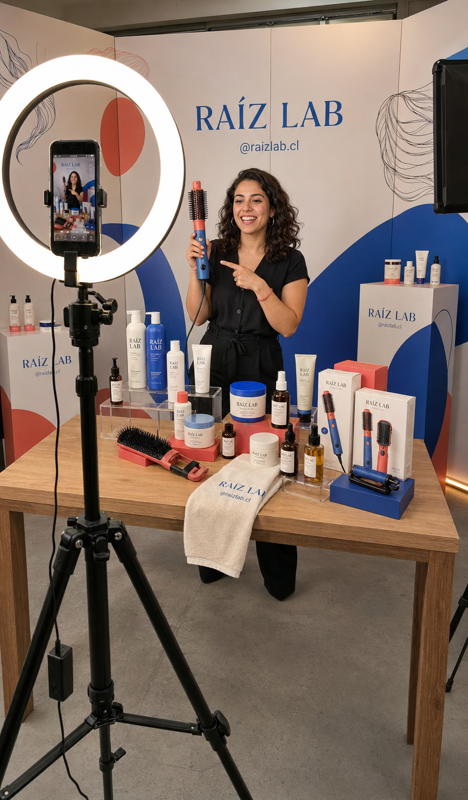 Host presenta un cepillo de aire caliente frente a una cámara, un aro de luz y una mesa con productos capilares durante una producción de Live Commerce.